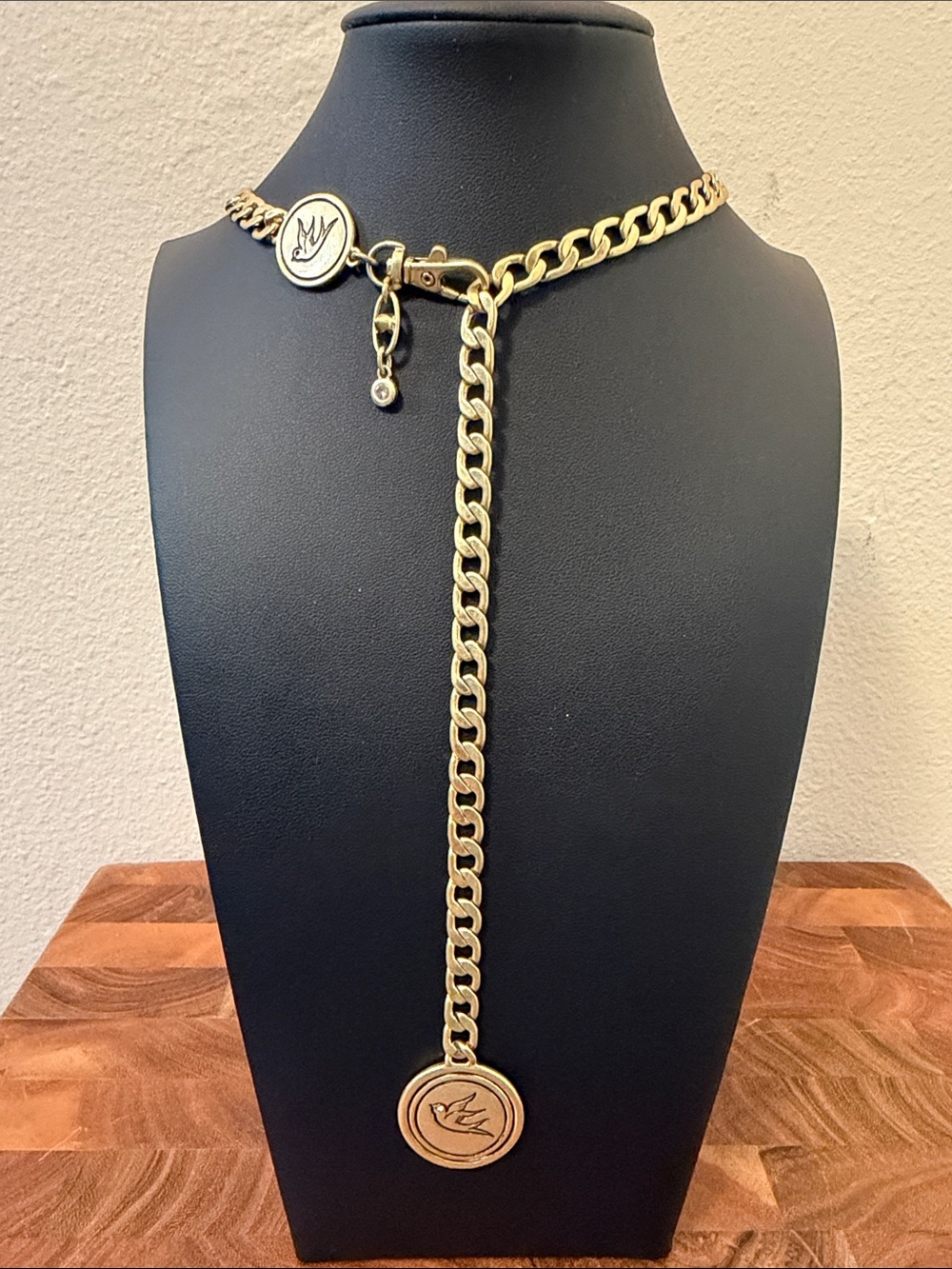 Cabi Mission Gold Curb Chain Necklace with Swallow Bird Medallion